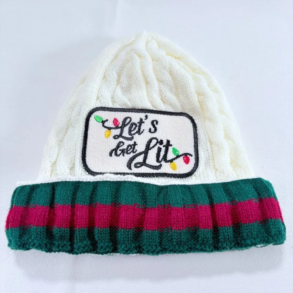 Let's Get Lit Knitted Baby‎ Beanie Hat with Patch New With Tags